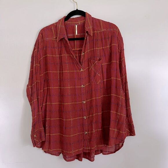 Free People ‘Break My Stride’ Metallic Button‎ Shirt - Size S - Picture 1 of 8